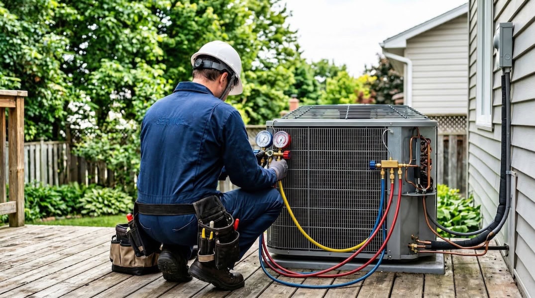 HVAC technician checking an outdoor air conditioning unit with pressure gauges