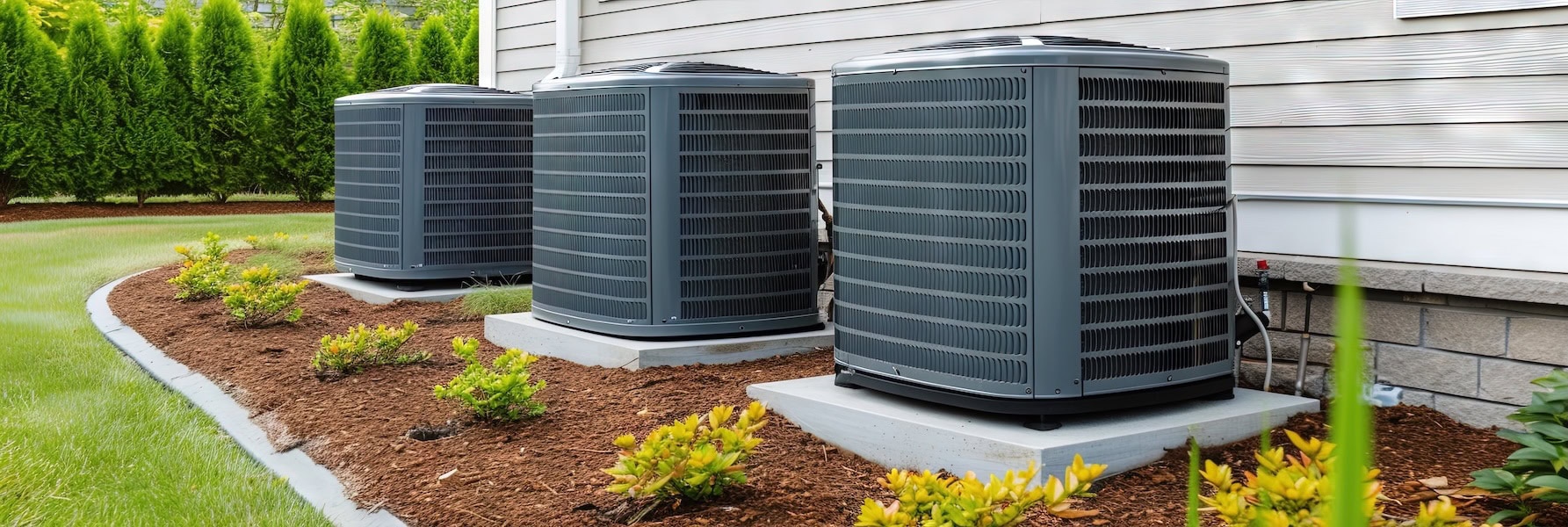 Three residential outdoor air conditioning units installed beside a house