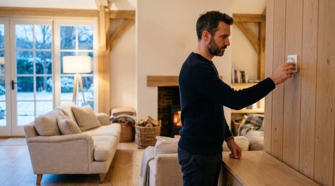 Homeowner adjusting a wall-mounted thermostat